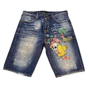Akoo Mens Embroidery Candy Skulls In Paradise Distressed Shorts Denim Size 34